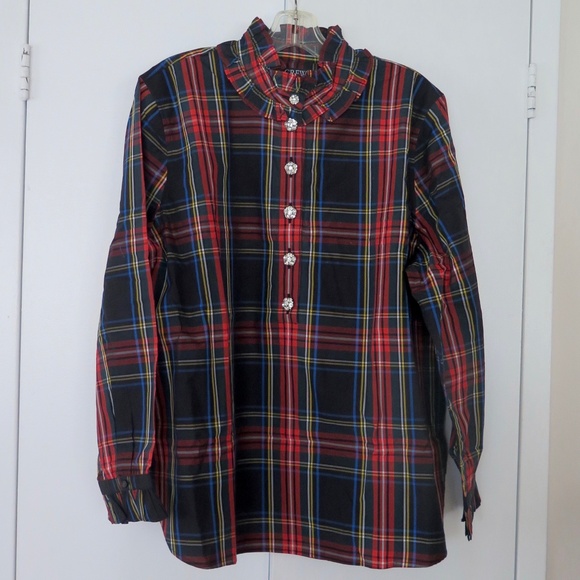J. Crew NWT Size 20 Jeweled Button Ruffled Popover Top Stewart Tartan Plaid - Picture 2 of 13
